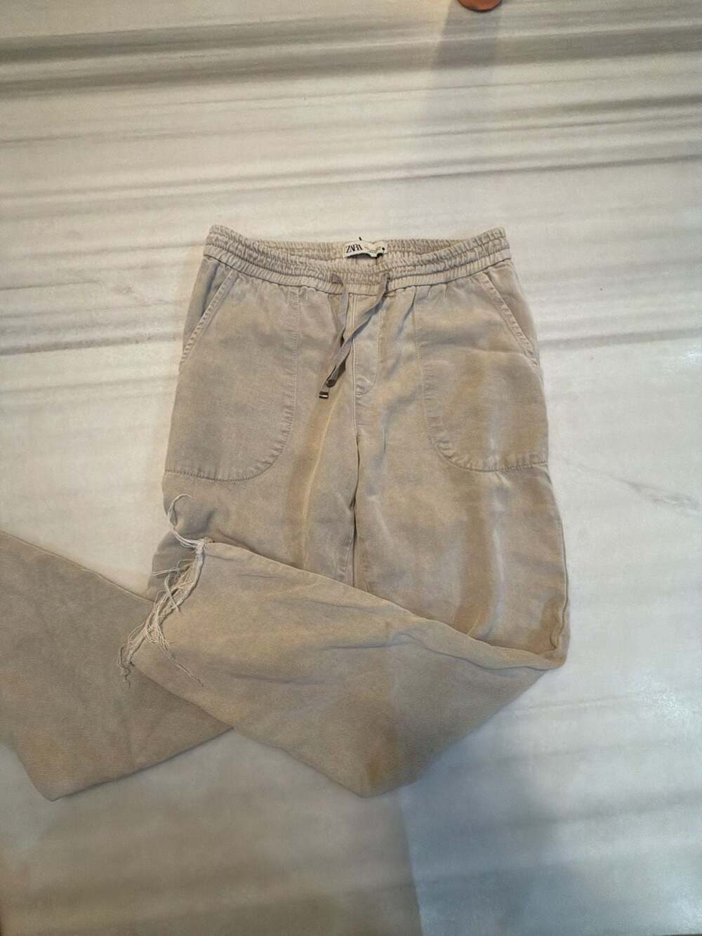 Zara Drawstring Jogger Pants Size USA M Taupe Distressed Hem